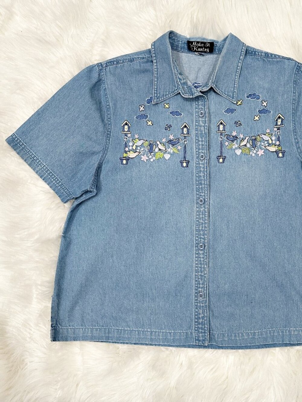 Vintage 90s Embroidered Denim Shirt Womens L Birds Floral Chambray Button Front